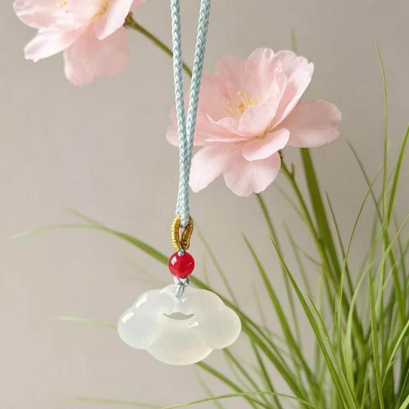 Natural White Ice Jade Chalcedony Agate Cloud Ruyi Peace Lock Pendant Necklace - Ancient Style Light Luxury for Couples
