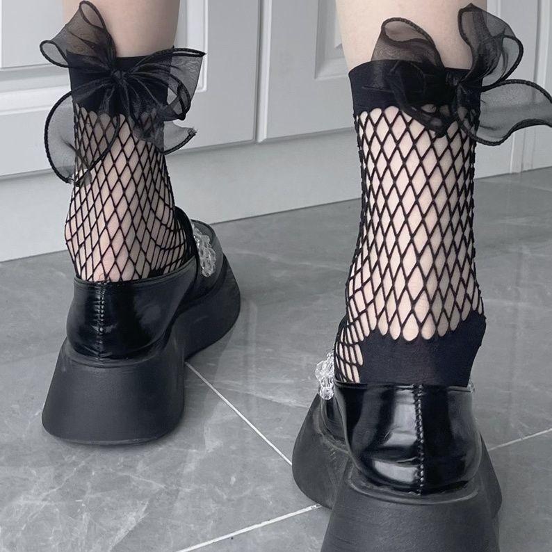 Loli Hollow Socks Bow Fishnet Socks Medium Tube Socks Summer Thin Jk Uniform Short Tube Women Sweet And Spicy