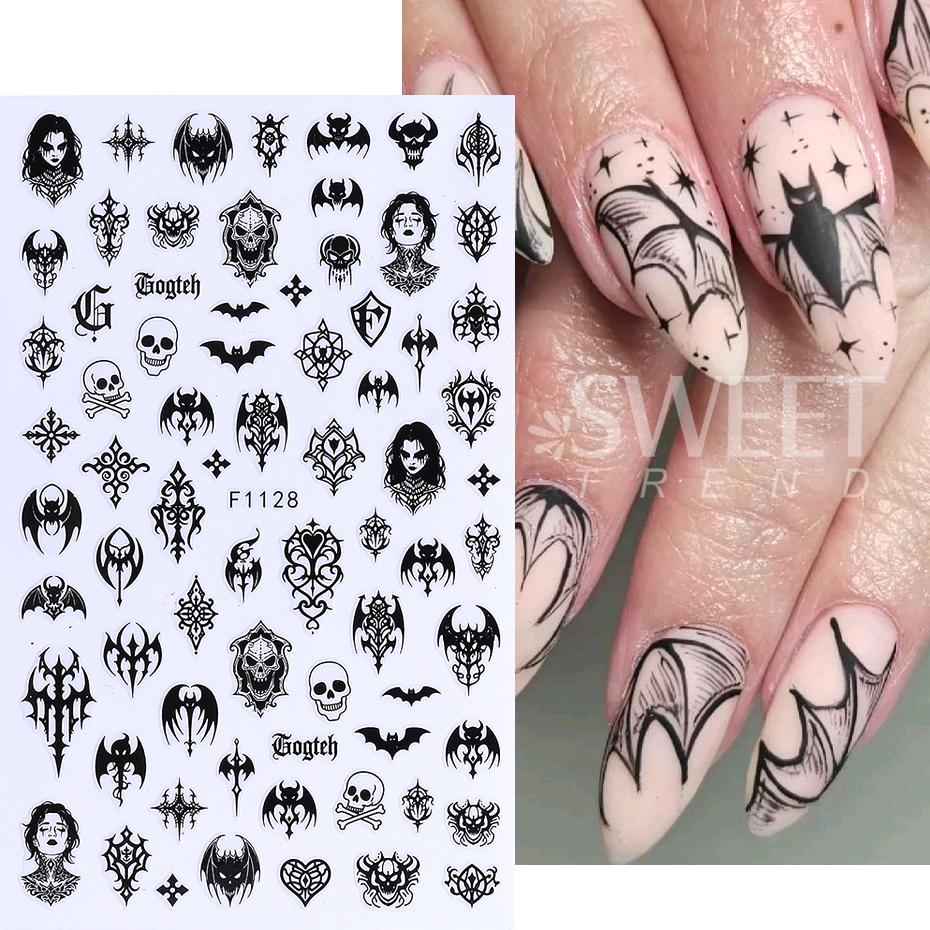 7/8pcs 3D Gothic Black Halloween Nail Stickers Cool Design Alphabet Letter Lace Castle Skull Y2K Manicure Decoration Accessories