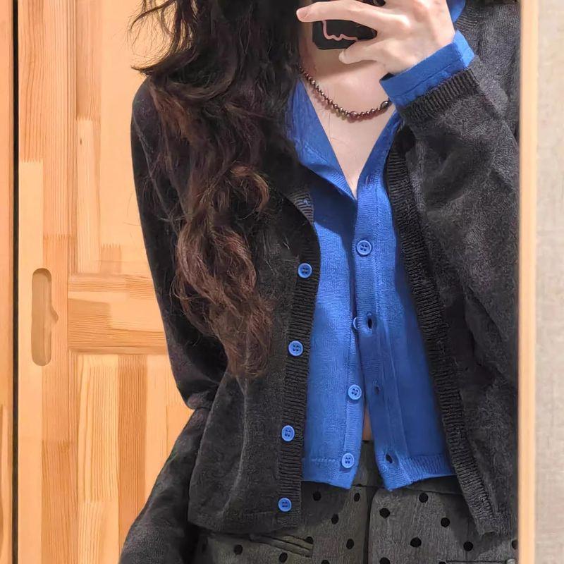 

Кардиган мягкий клейкий контрастного цвета, ретро-куртка, имитация двух частей Dark gray + dark blue M