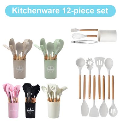 12Pcs Premium Silicone Kitchen Utensil Set with Wooden Handle Heat Resistant Non Stick Spatulas and Cooking Tools