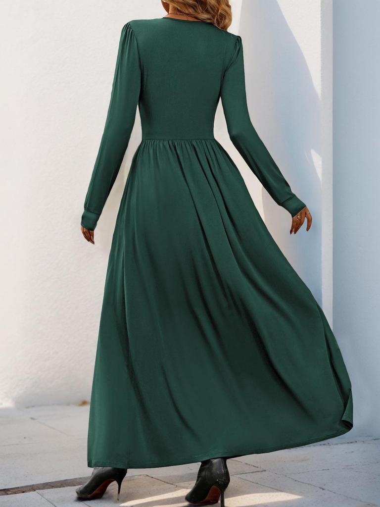 European & American Style Pleated Long Dress with Lace Slit for Spring