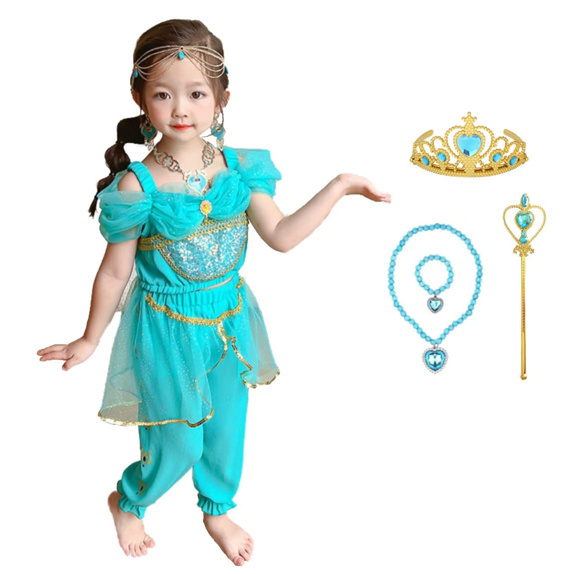 

Костюм принцессы для косплея, роскошный комплект из 7 предметов, Arabian Heart Magic, оригинальный, 130 см, NT5463 [ДОСТОВЕРНО] Детский - (Топ, брюки, тиара, ожерелье,