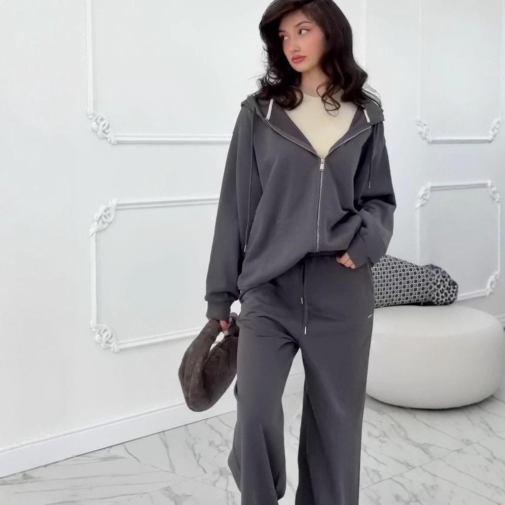 2025 Autumn Women's European & American Casual Two-Piece Set: Elastic Zipper Pants with Pockets & Hooded Top