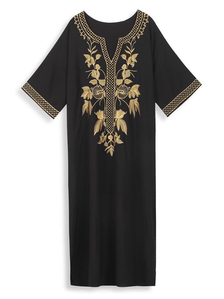 2024 Elegant Gold Embroidered Plus Size Black Kaftan Sexy Bathing Suit Cover Up For Women Summer V-neck Short Sleeve Beachwear Cozy House Dress Q1664