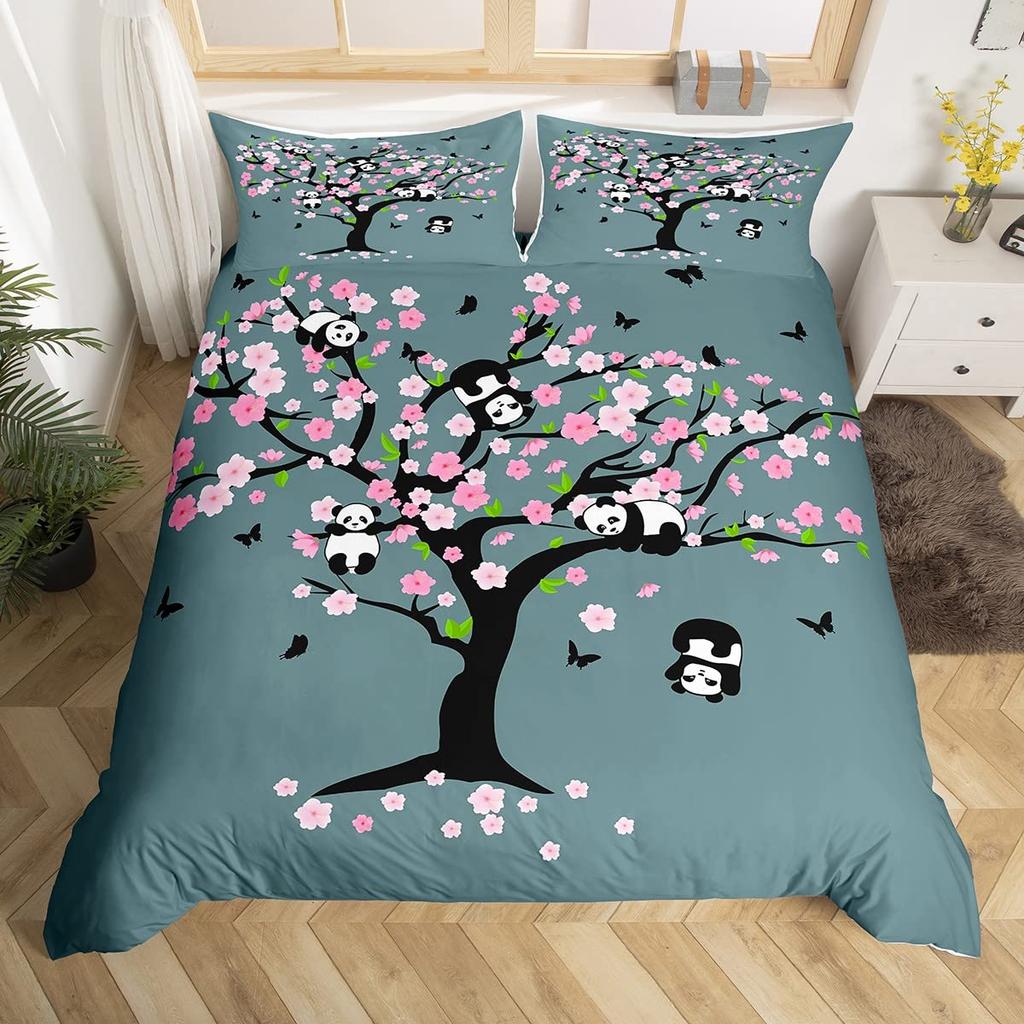 Pink Cherry Blossom King Queen Bedding Set Spring Flora Duvet Cover Japanese Flowers Quilt Cover Soft Polyester Comforter Cover