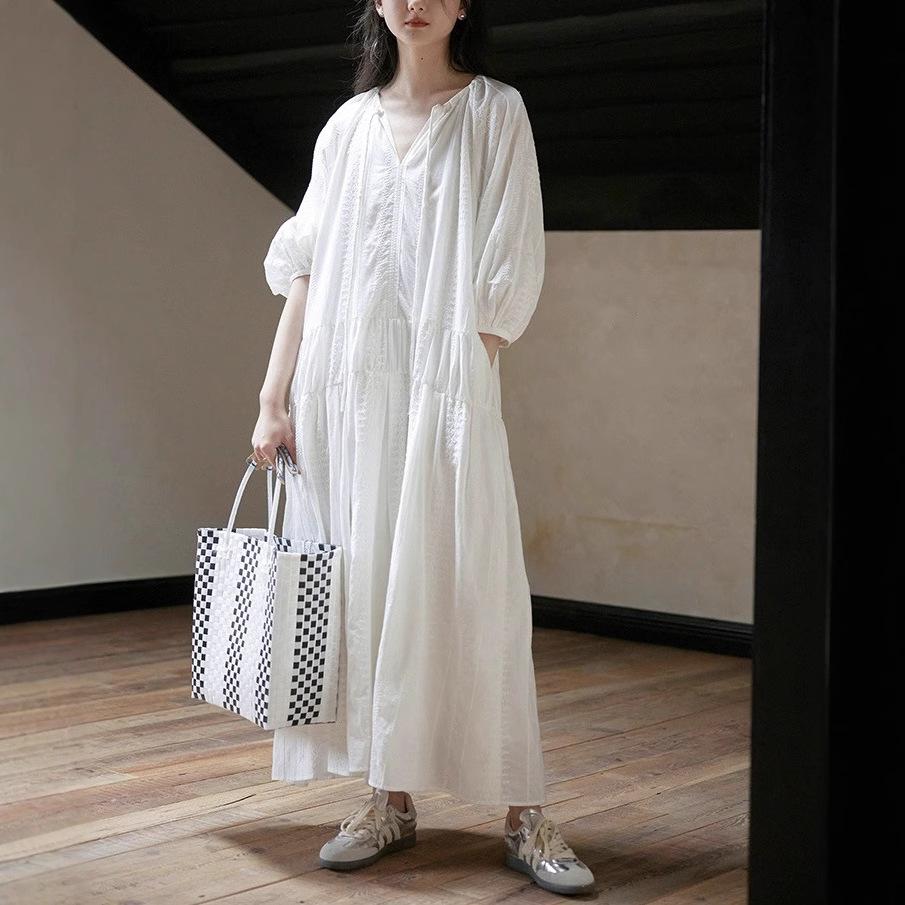 White Moonlight Small White Dress~ Romantic French Holiday Style Lace-up Long Dress Women's Loose Dress