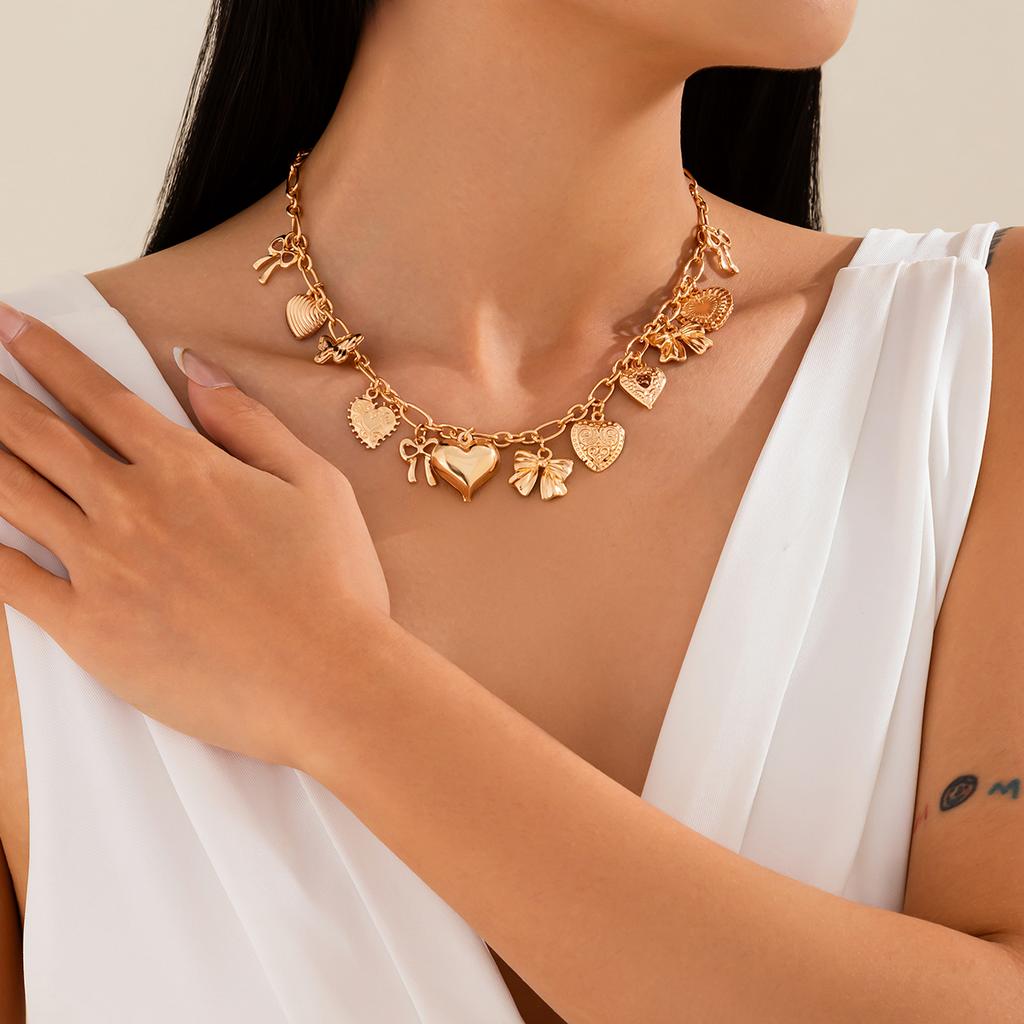 Salircon Luxury Vintage Love Heart Bowknot Charm Choker Necklace Trending Adjustable Clavicle Chain Women Neck Jewelry Gift