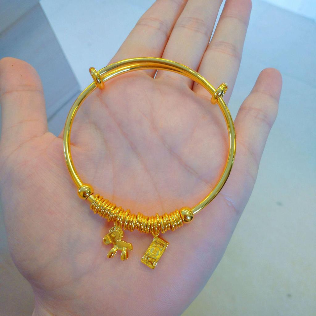 Ping An Xi Le Push-Pull Bangle: Women's Imitation Vietnamese Sand Gold Bracelet with Solid Core.