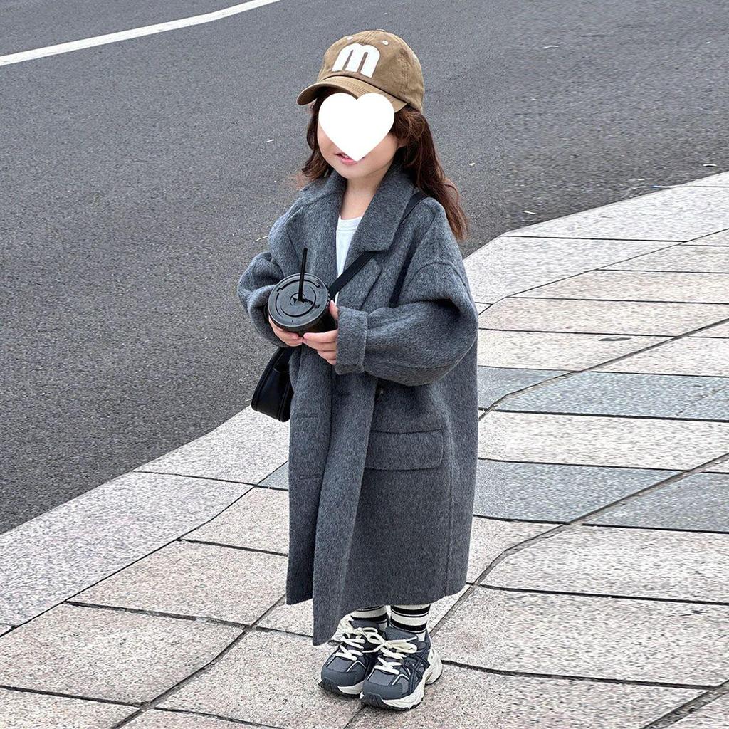 Trendiger Wollmantel für Kinder - Koreanischer Stil, Mittellang, Grau, Unisex, Herbst-/Winterkollektion 2025