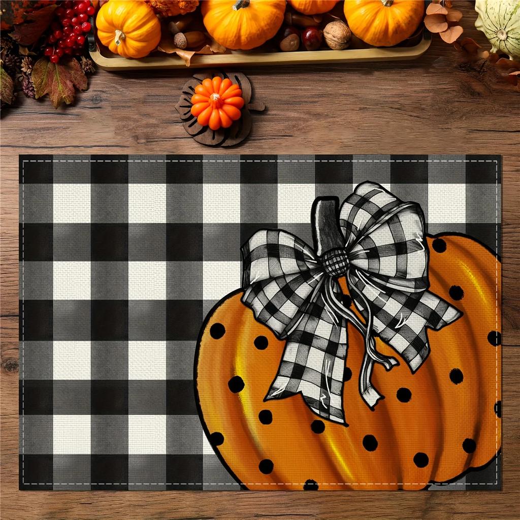 1 Stück schwarz-weiß karierte Schleife Kürbis Leinen Essensmatte Dekoration für Halloween Essensatmosphäre Tischsets Schützen Einen Schreibtisch