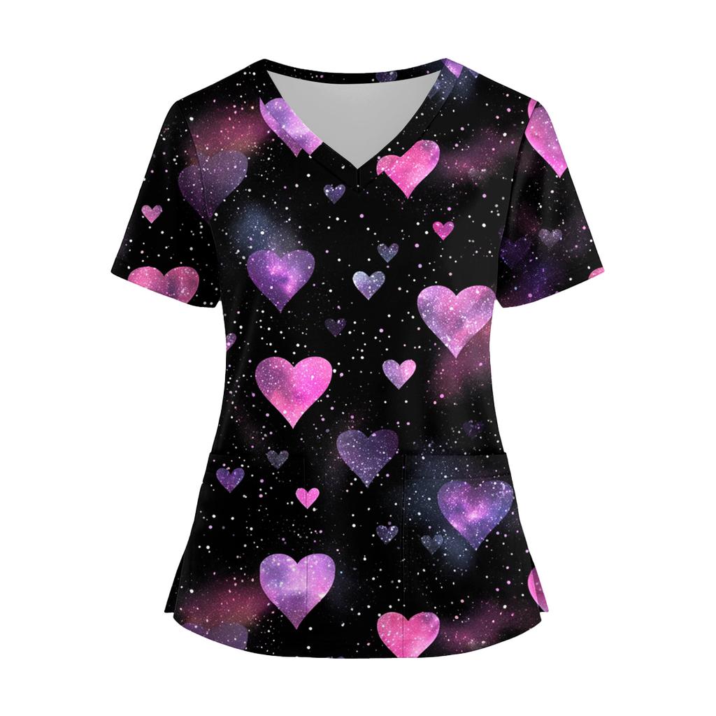 Damenmode V-Ausschnitt Kurzarm Overalls mit Taschen Print Tops Kleidung