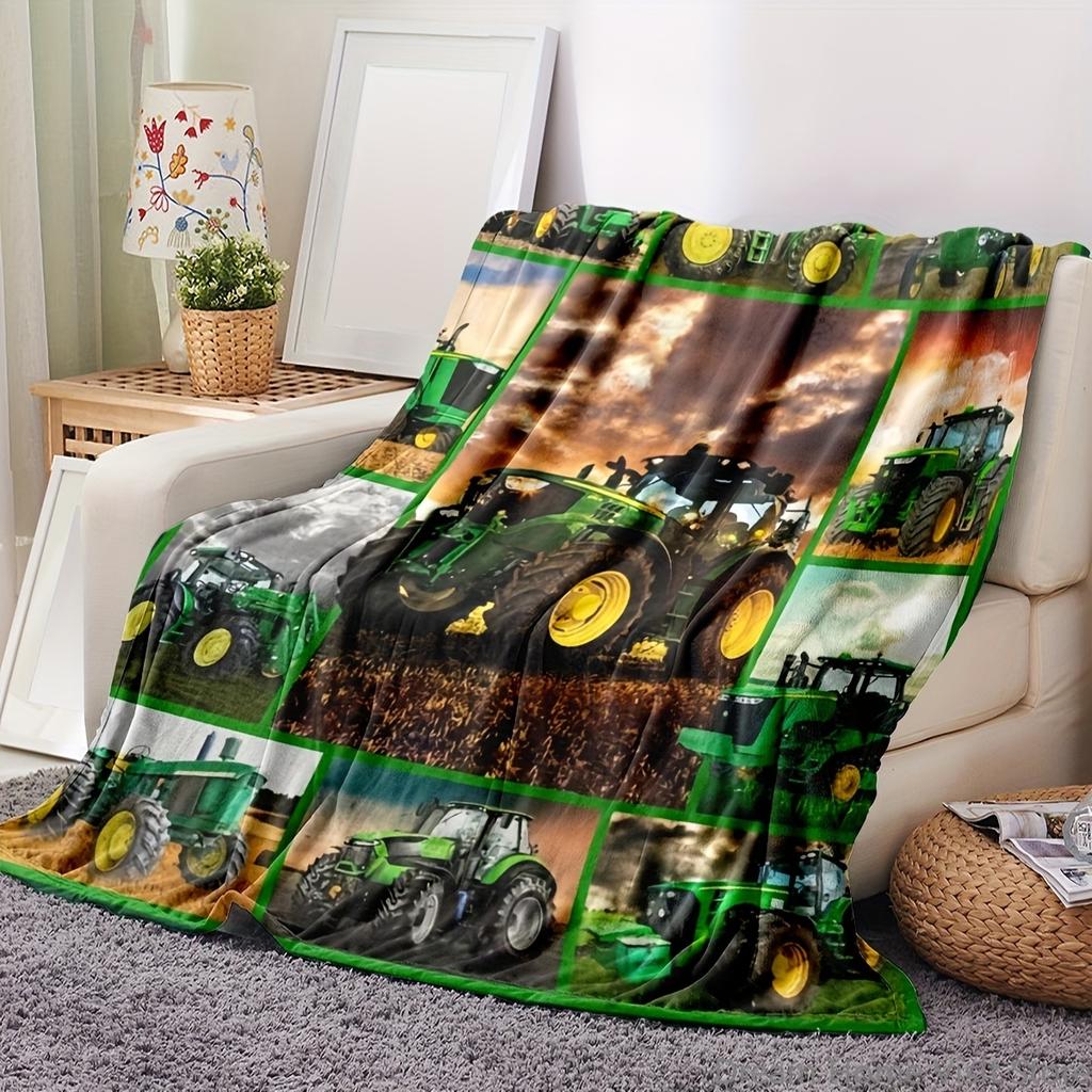 Zelený traktor a bagr plyšová deka-Měkká huňatá flanelová pohovky, postele, kanceláře, cestování, kempingová křesla, Teplá deka do ložnice