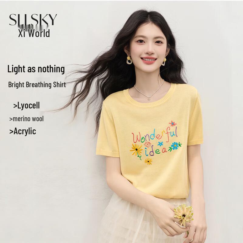

sllsky Women s Dopamine Embroidered Knit Short-Sleeve Top M
