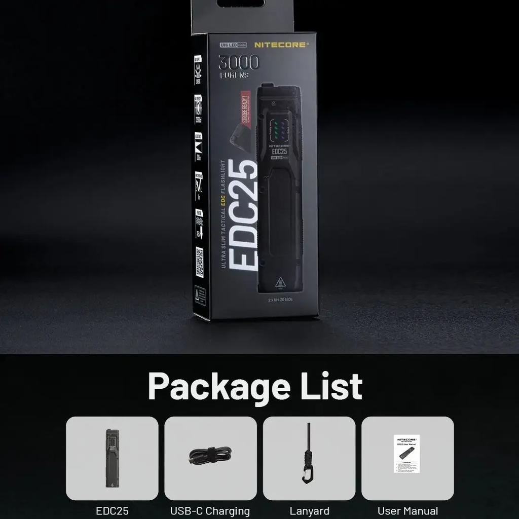 NITECORE EDC25 Lommelygte 3000 Lumen Flashlight Indbygget Batteri Genopladelig Type-C Opladning Løb Vandretur Camping Fiskegrej