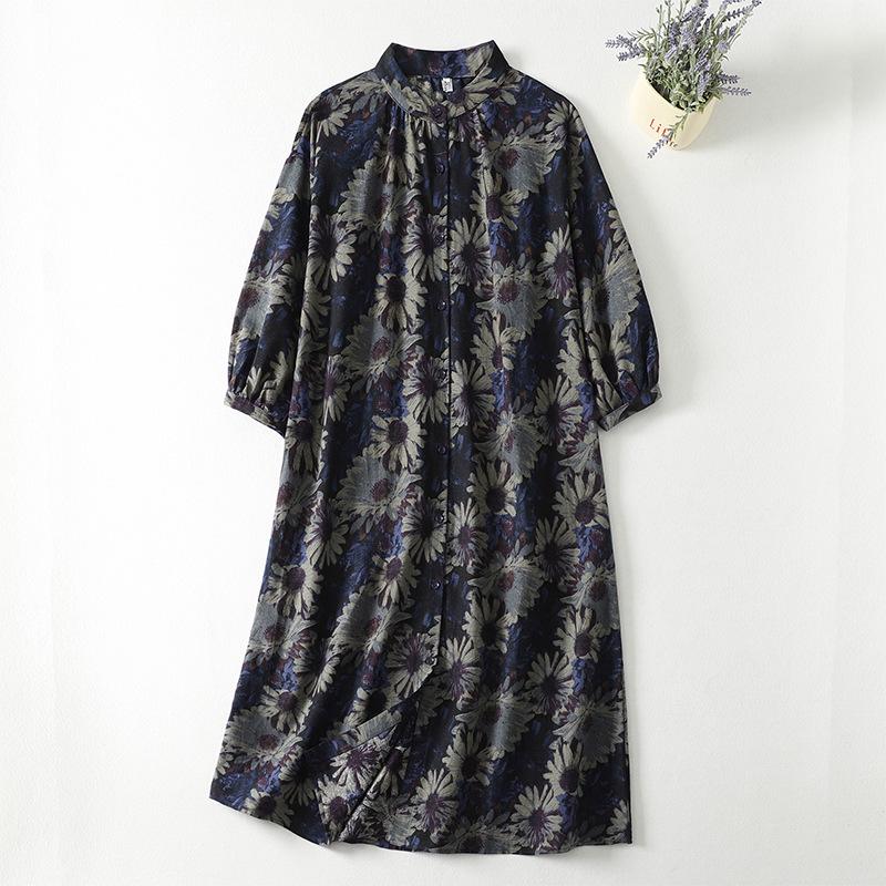 2026 Spring Ethnic Retro Print V-Neck Slimming Cotton Linen Dress for Women - Three-Quarter Sleeve, Loose Fit Medium