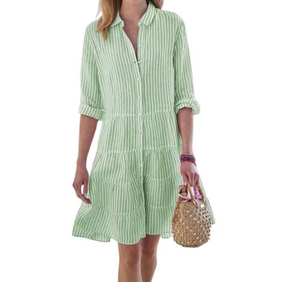 Damen Gestreiftes Button-Down-Hemdkleid Lässig Locker Langarm Mehrlagig Schwingend Tunika Kleid Sommer Strand Sonnenkleid