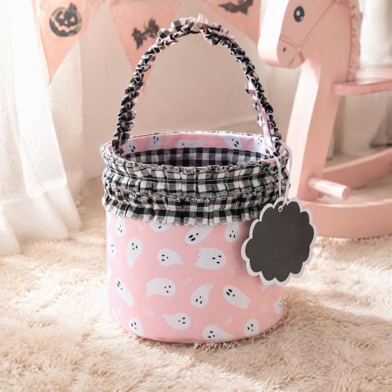 Reusable Holiday Pouch Halloween Pumpkin Ghost Treat Tote, Cute Lace Handle Candy Basket for Festival Bucket Kids, Spooky Gift Bag Trick or