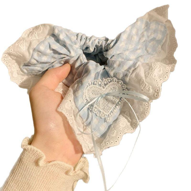 Blue Checkered Pattern, Bow Tie, Lace Handkerchief, Headband, Female, Korean Style, Oversized Headband, Hair Accessory
