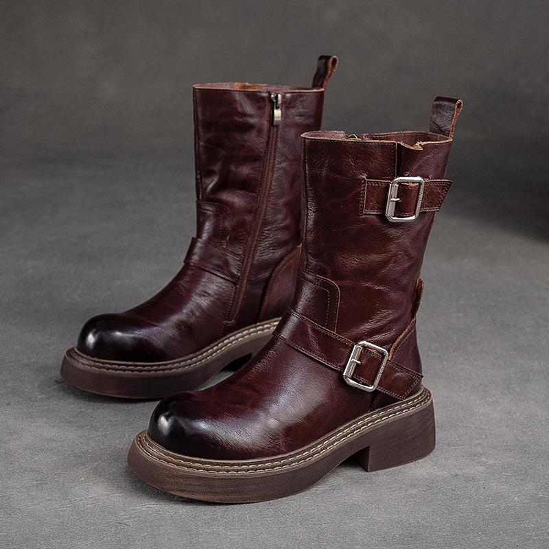 GKTINOO Handmade Mid-calf Boots Platform Women Genuine Leather Short Boots Round Toe Height Increasing Thick Sole Ladies Shoes