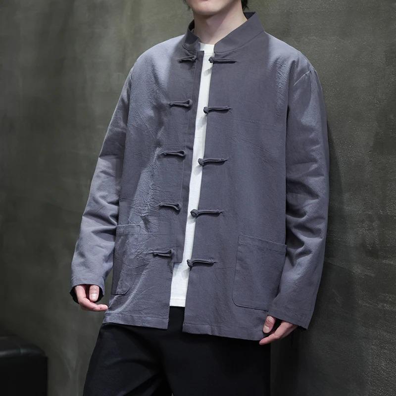 Black White Chinese Shirt Man Linen Tang Suit Spring Autumn Long Sleeve Kung Fu Shirt Traditional Men Blouses