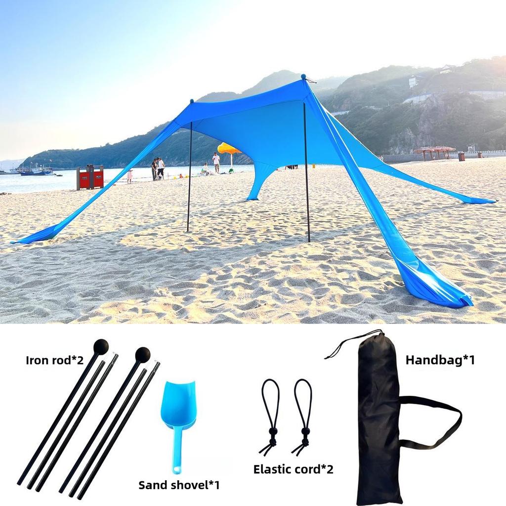 Plážový stan, sluneční clona s UV ochranou UPF 50+, plážová stříška, sluneční clona s pytli s pískem, tyčemi, kolíky a lany proti větru