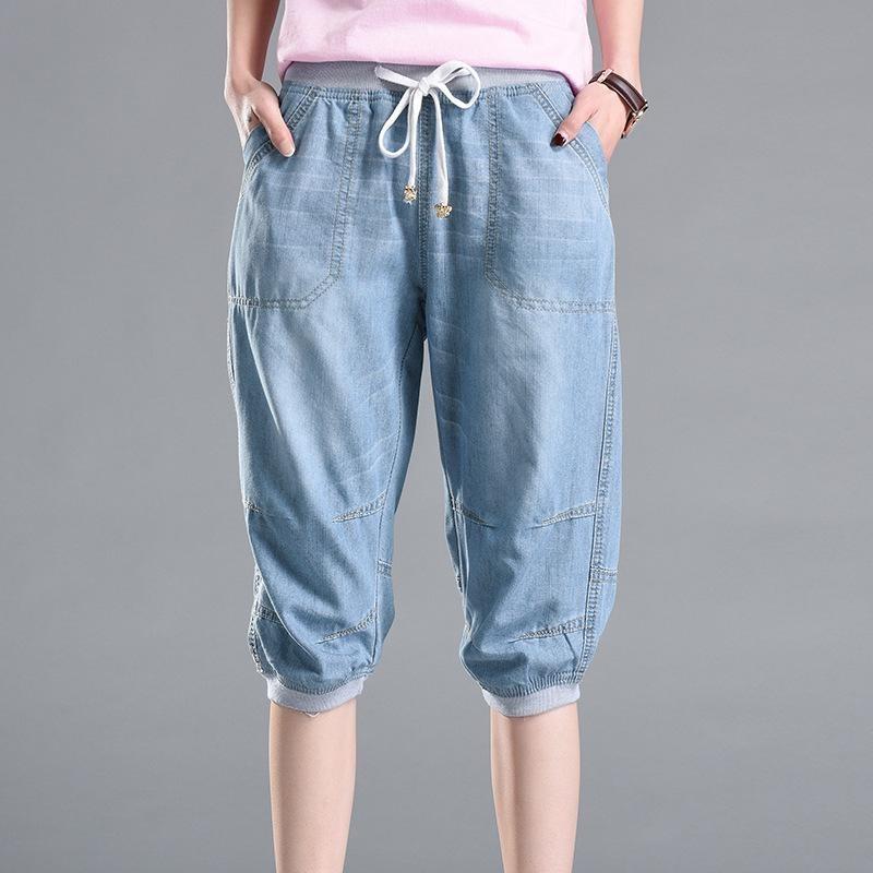 Jeans Tencel a Vita Elastica Pantaloni da Donna Larghi Taglia Grande Pantaloni Casual Corti da Donna Pantaloncini Estivi Sottili
