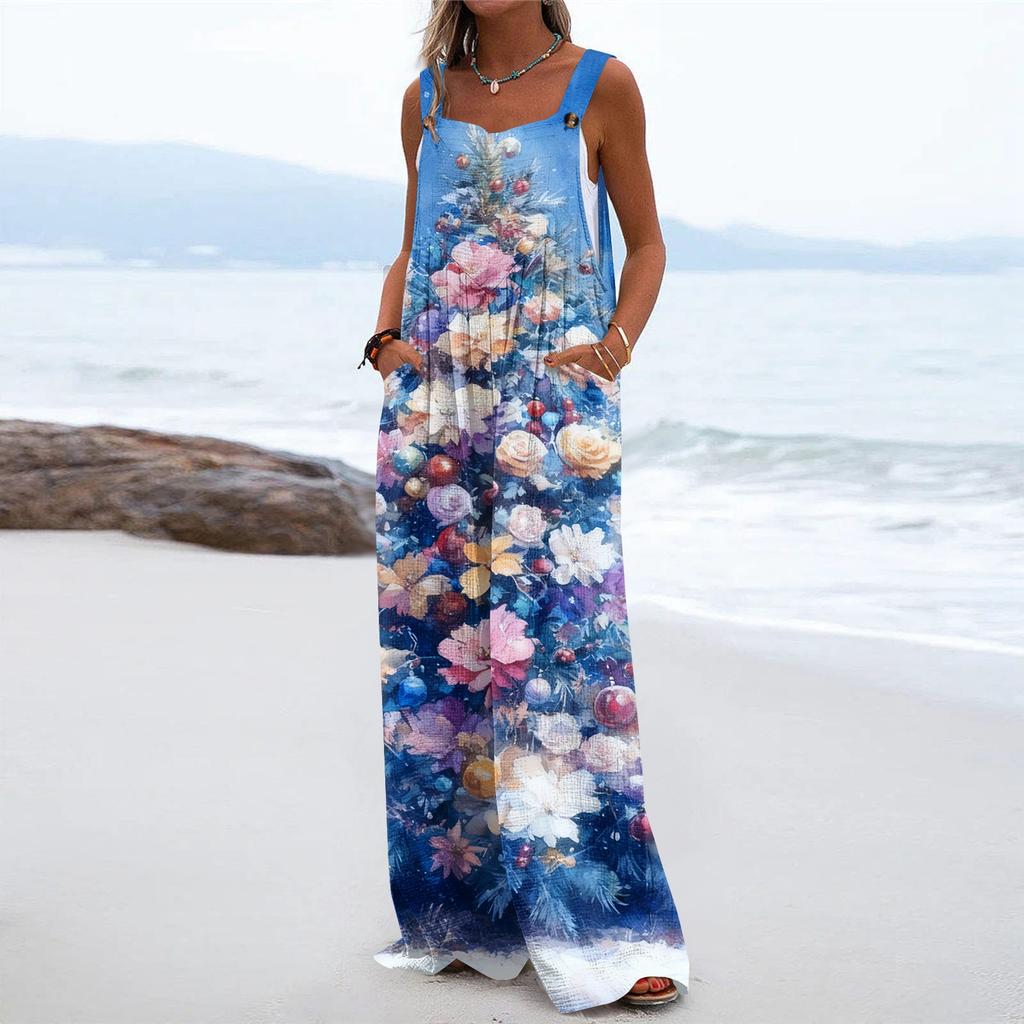 Women's Christmas Print Solid Wide Leg Strapless Tank Pocket Casual Onesie