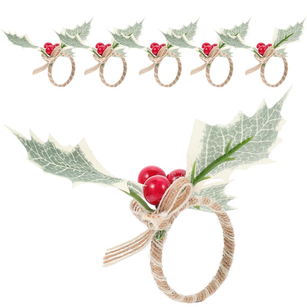 6pcs Napkin Rings Christmas Table Decor Berry Leaf Design Serviette Clasps For Party Dining Home Xmas Decoration