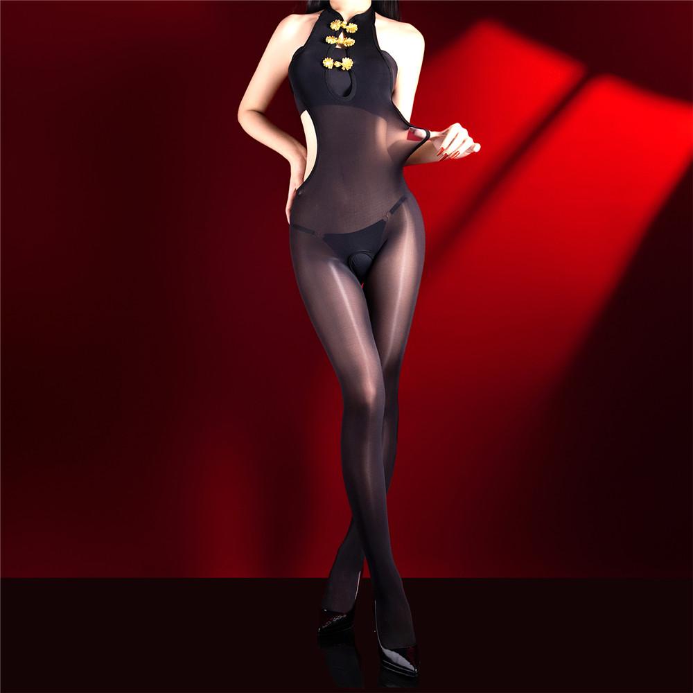 Fashion Women Backless Open Crotch Bodysuit Hollow Out Jumpsuit Oil Shiny Glossy Elastic Tight 5D 912 Pin Bandage Maid Leotard