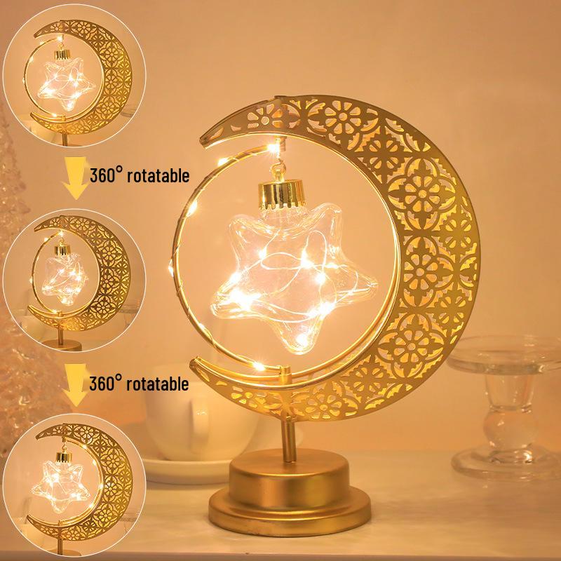 Drehbare LED-Schmiedeeisen-Mond- und Sternenlampe – Dekoratives Schreibtischornament im nahöstlichen Stil.