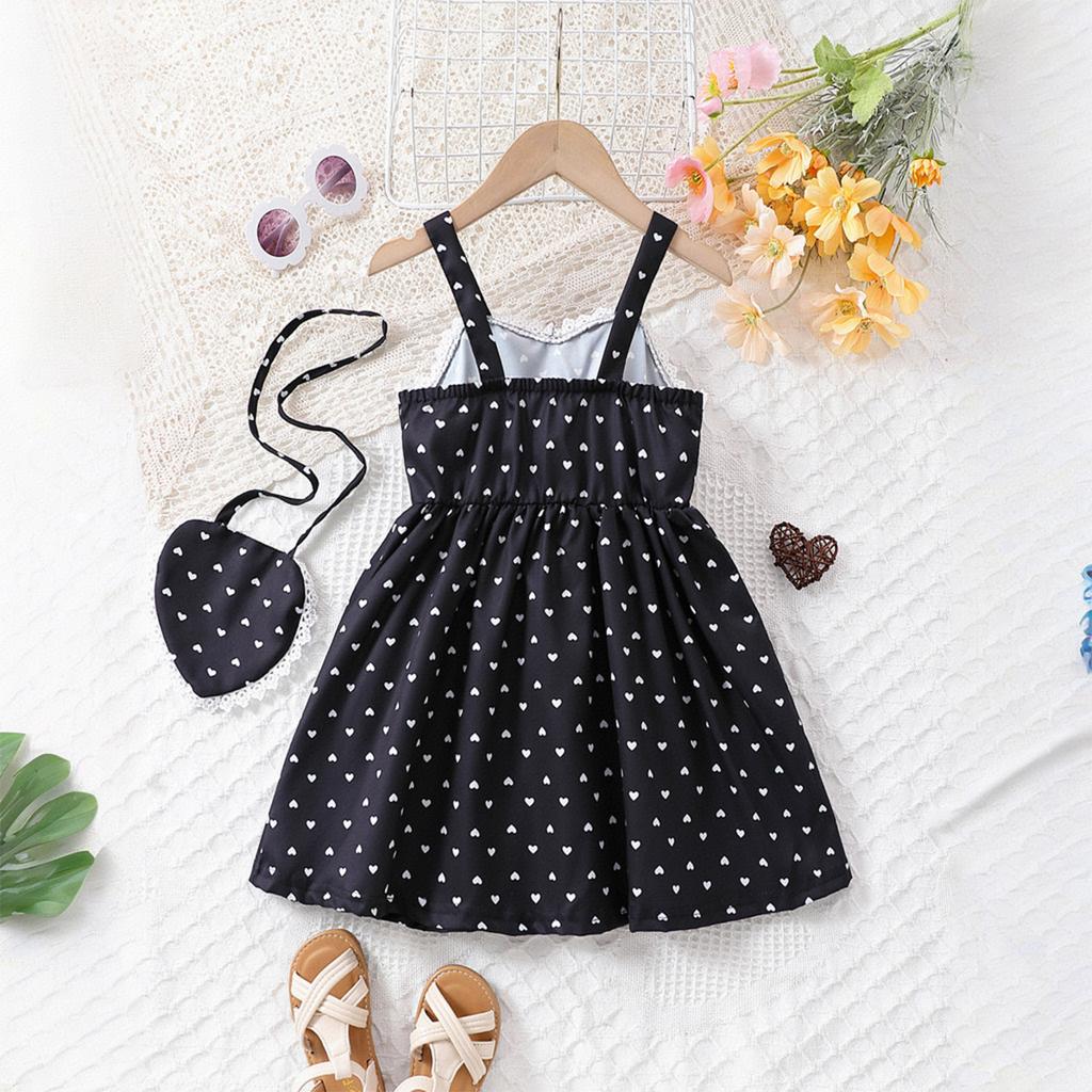Dress For Girls 1-8Y Birthday Korean Style Fashion Lace Trim Heart Pattern Dress with Matching Bag