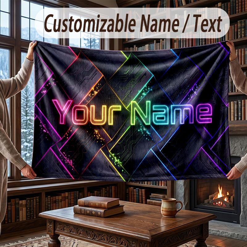 City Cyberpunk Theme Throw Blanket Custom Name Text Personalized Blanket Soft Cozy Blanket for Home Sofa Bed