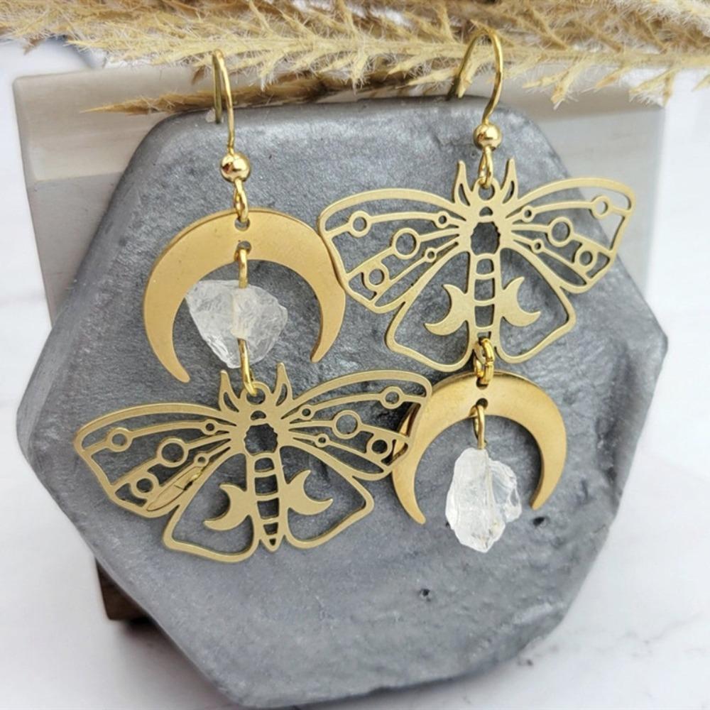 Bohemia Silver Color Hollowed-out Moth Asymmetry Transparent Quartz Crystal Moon Dangle Earrings for Women Halloween Jewelry
