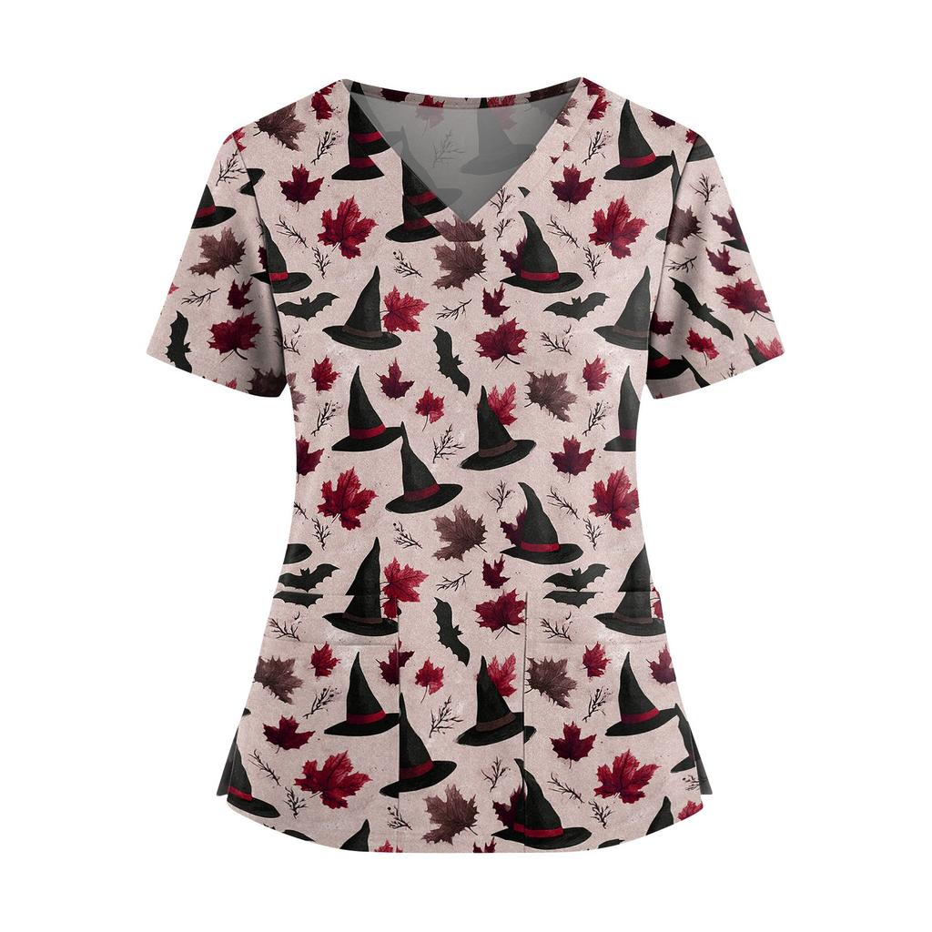 Women's V Neck Short Sleeve Medical Scrub Top with Double Pockets Side Slit Hem Halloween Print Nurse Uniform Shirt