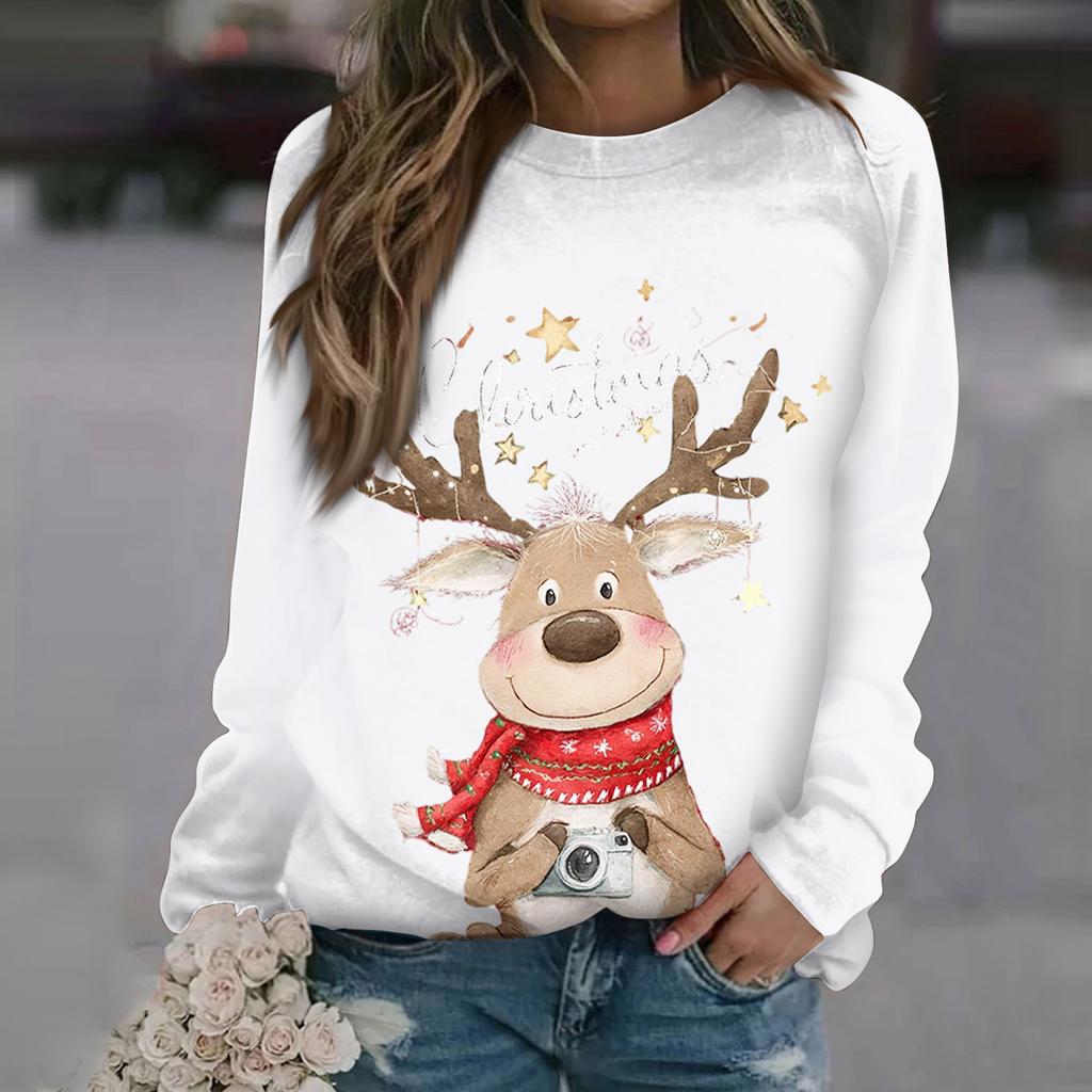 Dameoverdeler med rund hals Bomull Dame Uformelt motetrykk Langermet genser med o-hals topp bluse