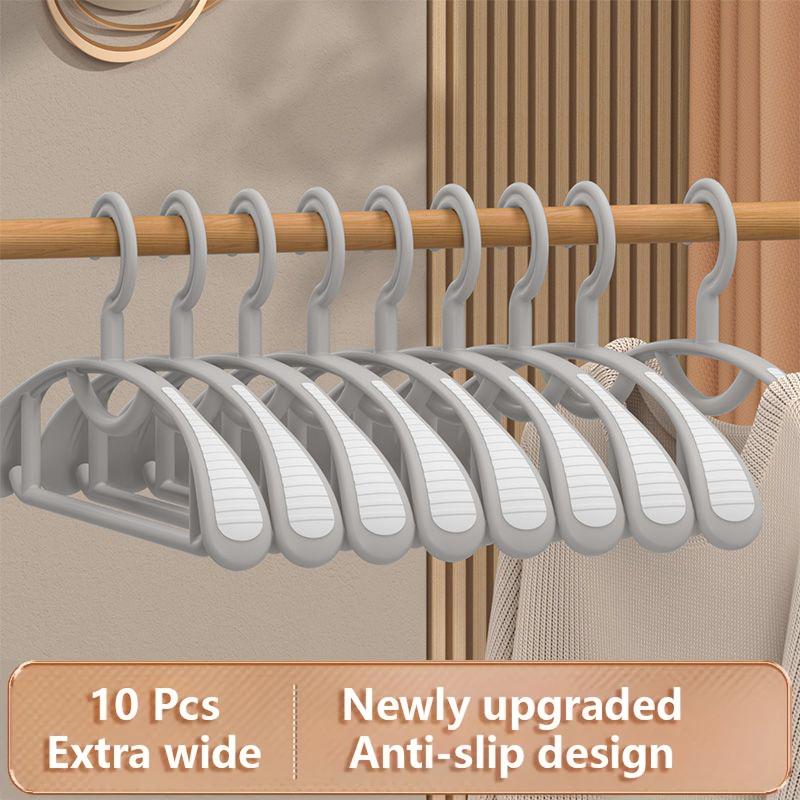 10Pcs Non-Slip Hangers, Heavy Duty, Durable, No Shoulder Bump Wide Plastic Hanger with Rubber and Horizontal Bar for Closet