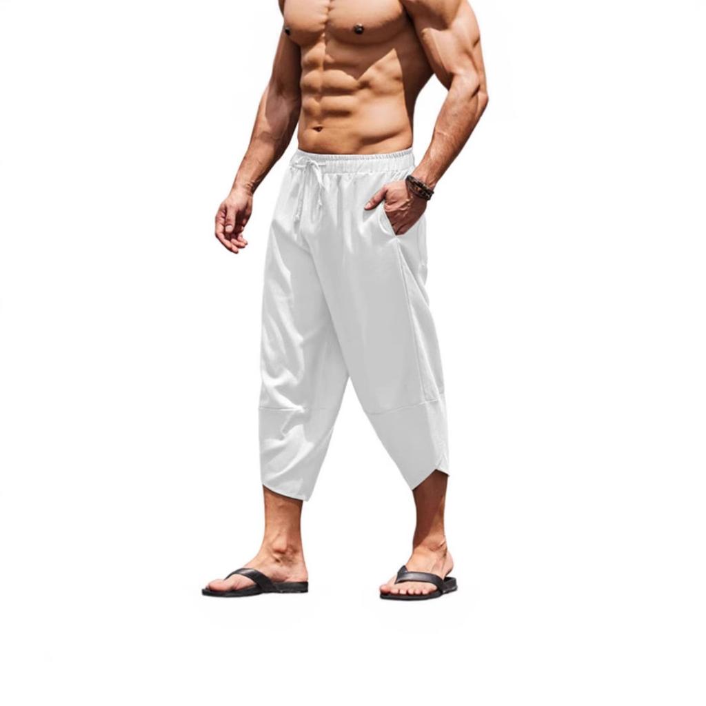 Чоловічі літні суцільні кольорові капрі шаровари чоловічі еластичні талії шнурок 3/4 довжина укорочені штани мішкуваті спортивні штани