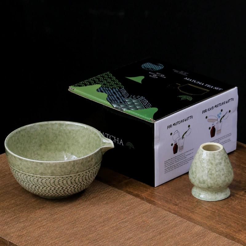 2pcs Traditional Bamboo Ceramic Japanese Matcha Tea Set with Spout Reusable Matcha Whisk Set Food Grade Safe Match Bowl