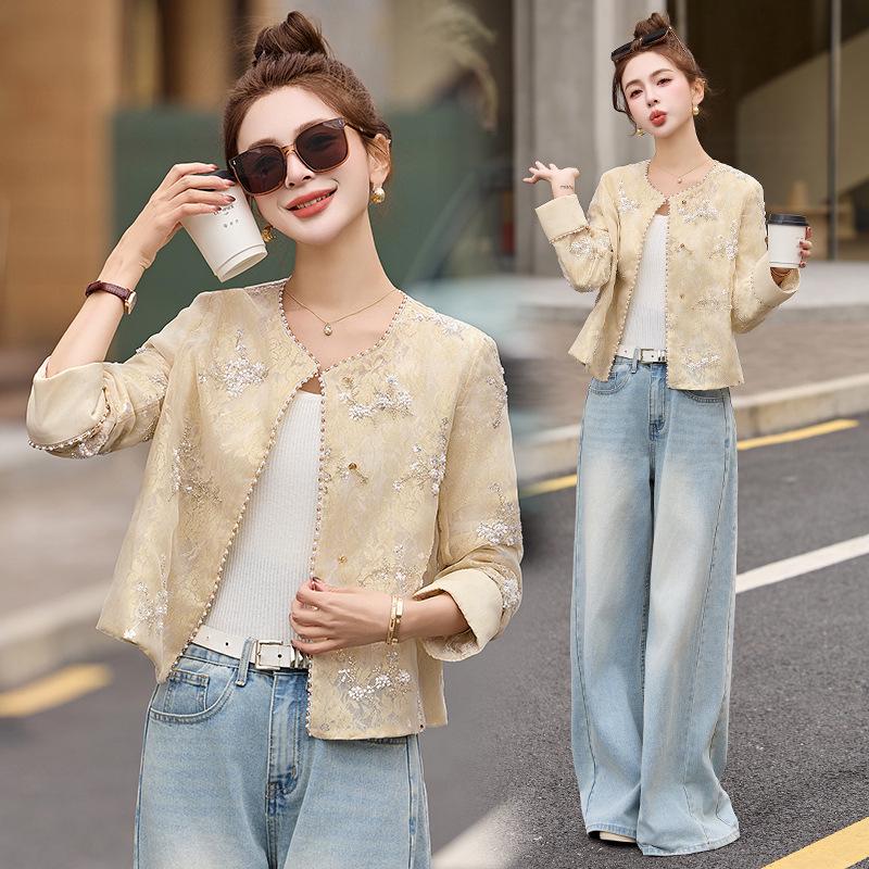 

Кардиган в китайском стиле на весну 2025 года: Отделка бисером, Жемчужные пуговицы, Простая элегантность XL (for 65-70 kg)