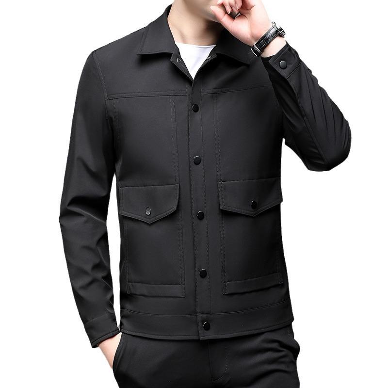 Spring and Autumn Men's High-end Jackets Middle-aged Dad Wear Lapel Work Clothes Solid Color Business Casual Large Size Tops Men's Clothing