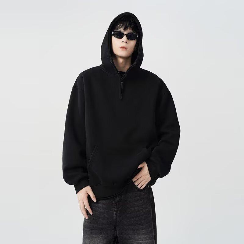 Autumn Winter New Cleanfit Half-Zip High Neck Sweatshirt Jacket Men's Pullover Loose Trendy Simple Gray Top