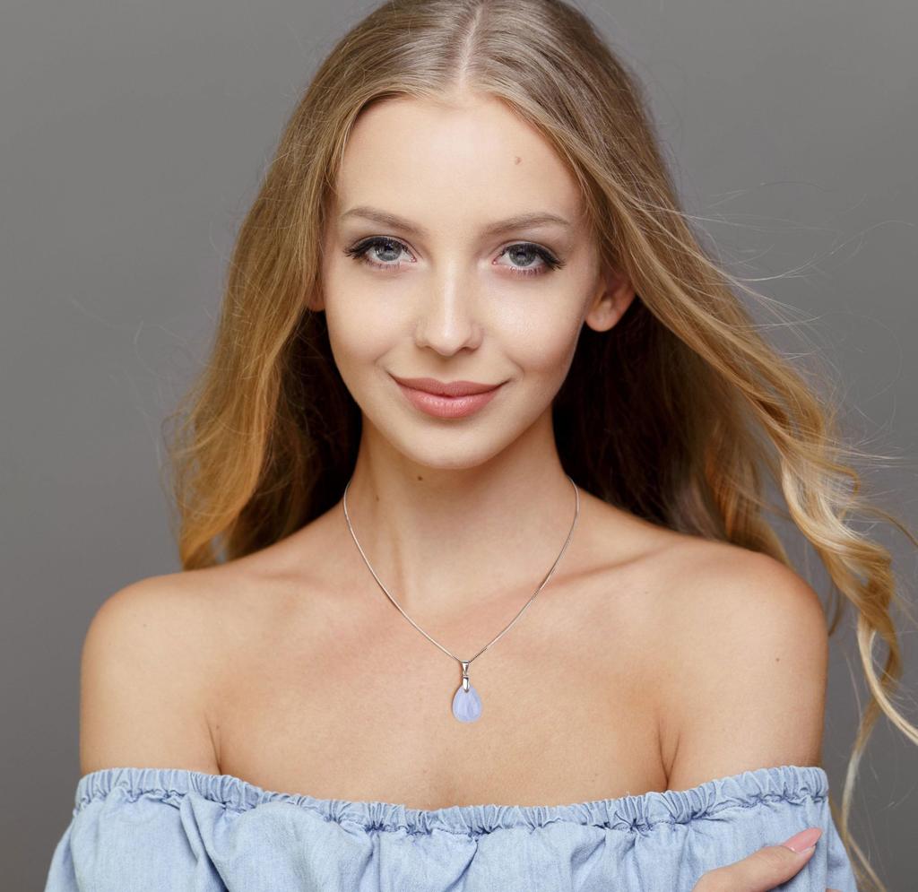 Koai Blue Lace Agate Teardrop Pendant with 925 Silver Chain for Women