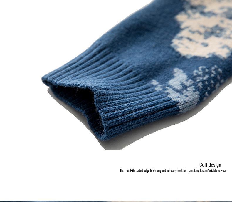 Men's Hong Kong Style Tie-Dye Snow Mountain Sweater: Trendy Round Neck, Loose Fit, Knitted, Long-Sleeve.