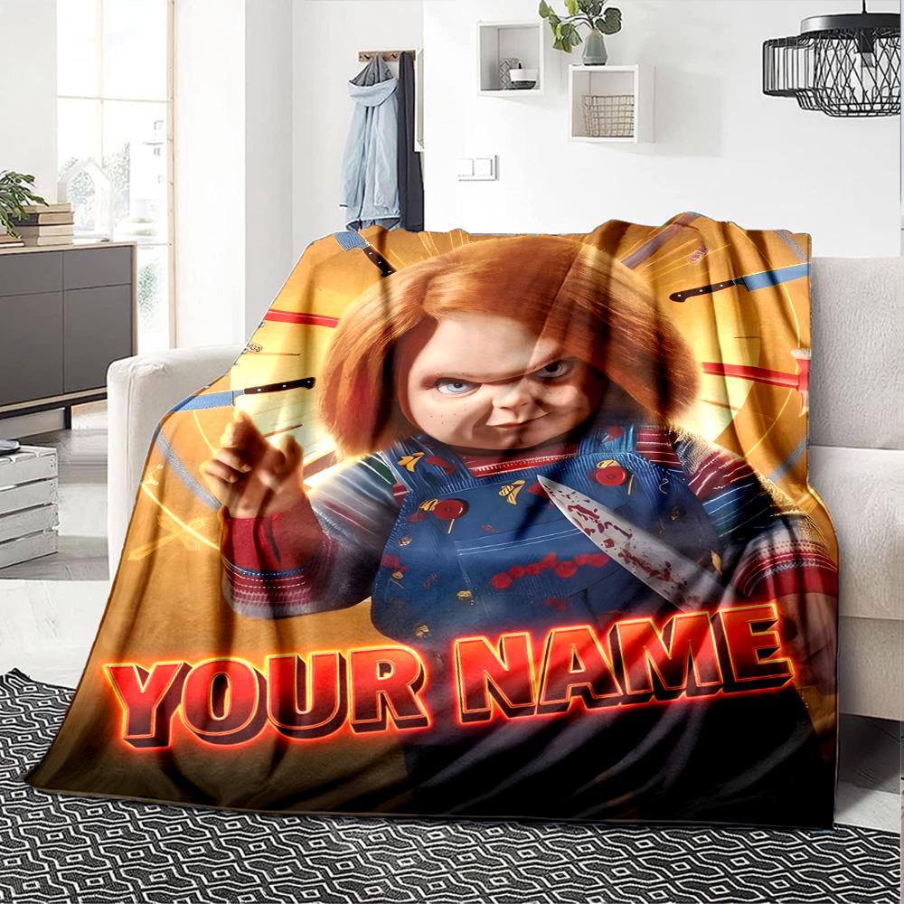 1pc Chucky Blanket with Custom Name, Gift, for Men and Women, Soft Blanket, Good for Sofa Bed Couch Travel, Lightweight Flannel Blanket