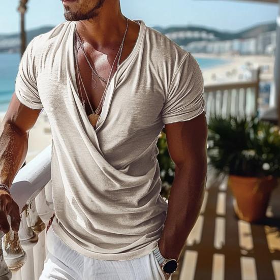 Herren T-Shirt V-Ausschnitt Kurzarm Casual Tops Loose Fit Einfarbig Atmungsaktives Gewebe Pullover Tops Home Gym Street Wear