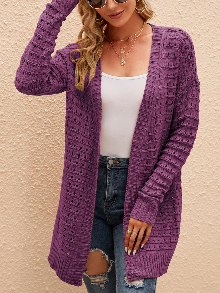 Dámský kardigan s otevřeným předním dílem, dlouhým rukávem, dírkovaný, volný, pletený, ležérní kabát