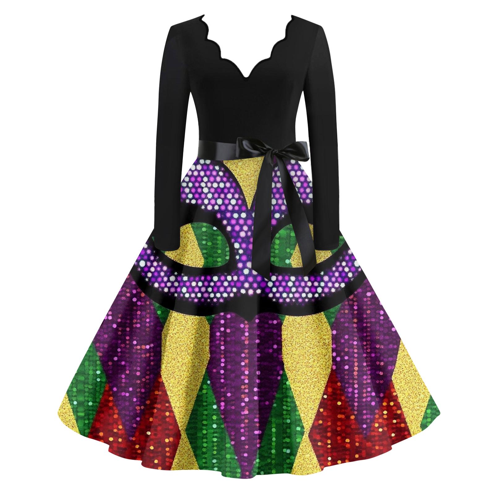 

Женское повседневное модное платье с V-образным вырезом и длинным рукавом с принтом в винтажном стиле XL