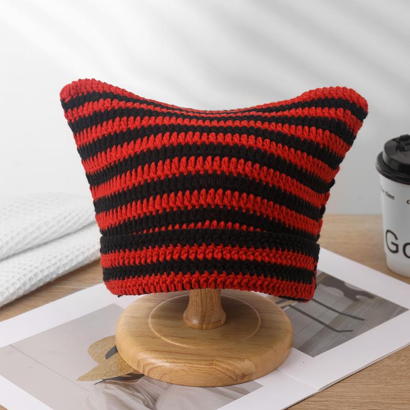 Hat Autumn and Winter Knitted Wool Hat Funny Cat Ear Hat Winter Warm Striped Devil Hat Tide