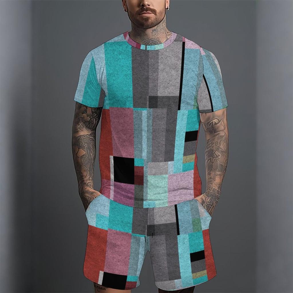 Men Black Grey Gradient Short Sleeve T Shirt And Matching Knee Shorts Two Piece Outfit